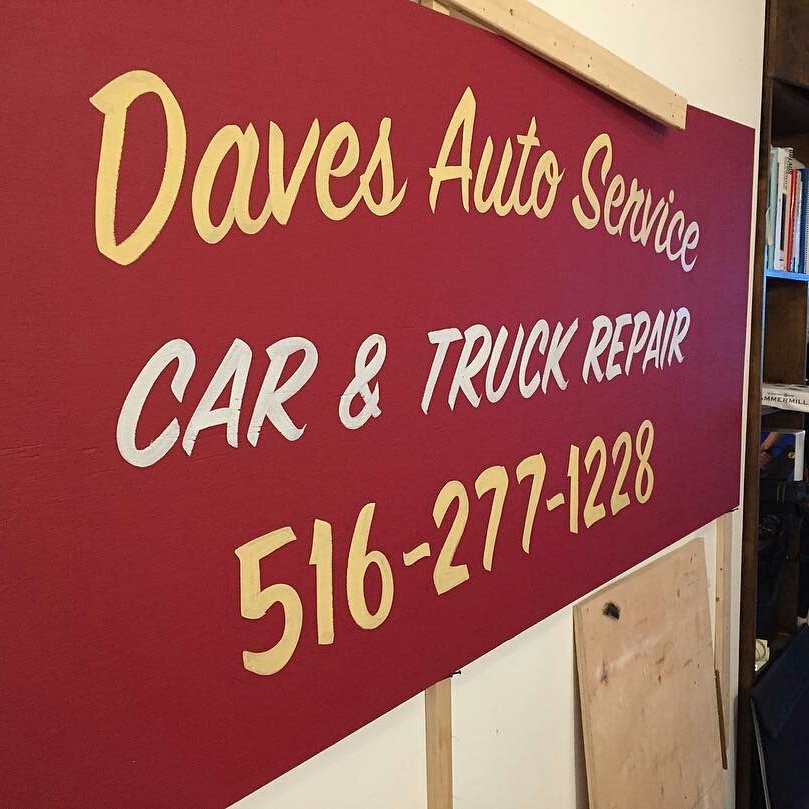 The hand painted red Dave's Auto Service sign, Car and Truck Repair, 516-277-1228